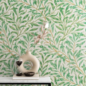 Carta da parati botanica, staccabile, in vinile ispirato a William Morris, non incollata, rimovibile, con foglie verdi vintage, carta da parati autoadesiva per camera da letto