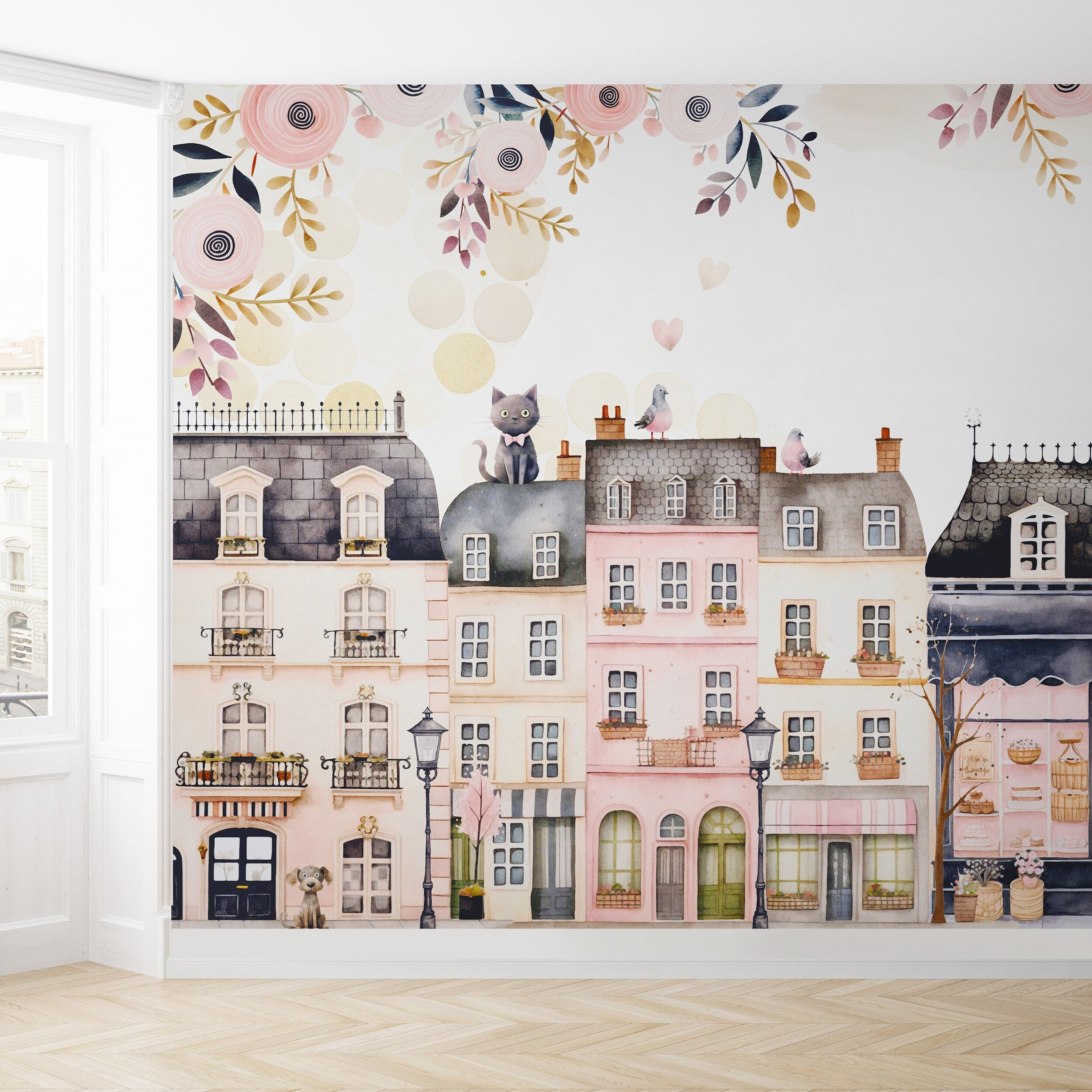 Paris Houses Wallpaper Girls Nursery Peel & Stick Vinyl, Pink Watercolor City Kids Bedroom Wallpaper, Removable Self Adhesive Cute Wallpaper