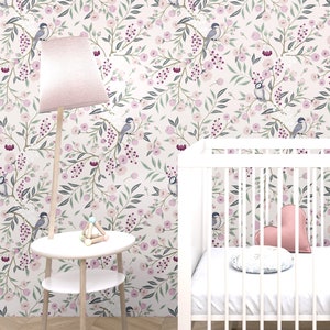 Carta da parati adesiva per uccelli, vinile rimovibile, floreale rosa, botanico, cineserie, pastello morbido, per cameretta dei bambini, autoadesiva, camera da letto
