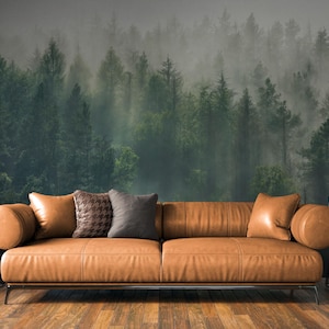 Foggy Forest Wallpaper Peel & Stick Vinyl, Dark Misty Woodland Landscape Self Adhesive Removable Wallpaper Livingroom, Pine Tree Wall Mural