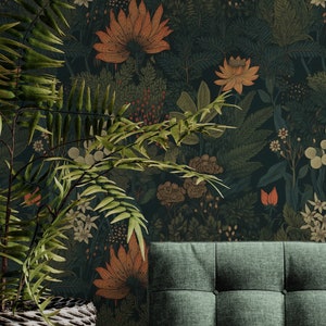 Wunderliche Wald dunkel botanische Tapete, Blattschale und Tapete entfernbares, Weinlese-selbstklebendes Vinylwand-Wandbild Wohnzimmer-Dekor Bild 3