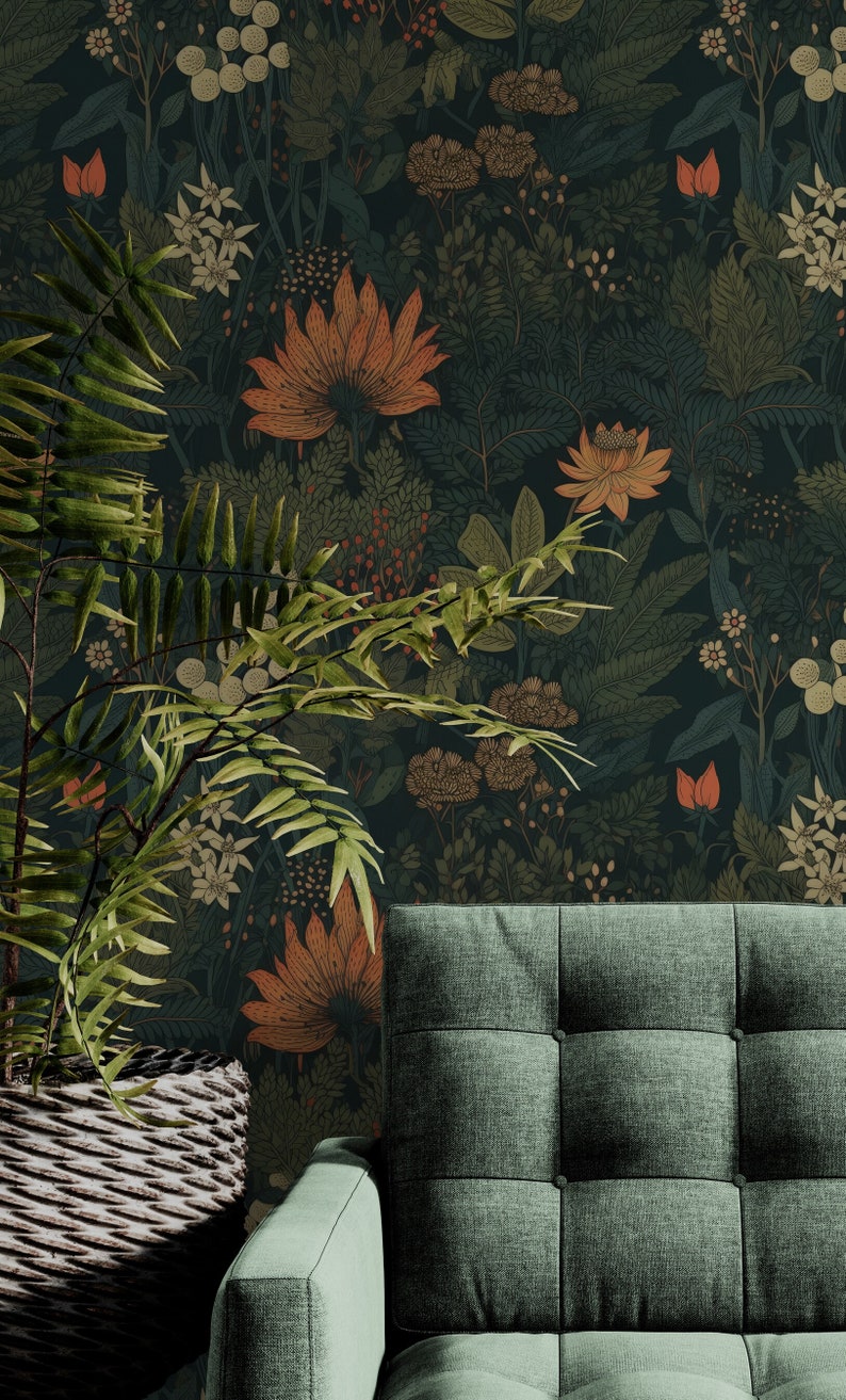 Wunderliche Wald dunkel botanische Tapete, Blattschale und Tapete entfernbares, Weinlese-selbstklebendes Vinylwand-Wandbild Wohnzimmer-Dekor Bild 3
