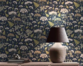 Dark Botanical Fern Wallpaper Peel and Stick Removable, Self Adhesive Vinyl Navy Blue Muted Wildflowers Wallpaper Bedroom Living Room Decor