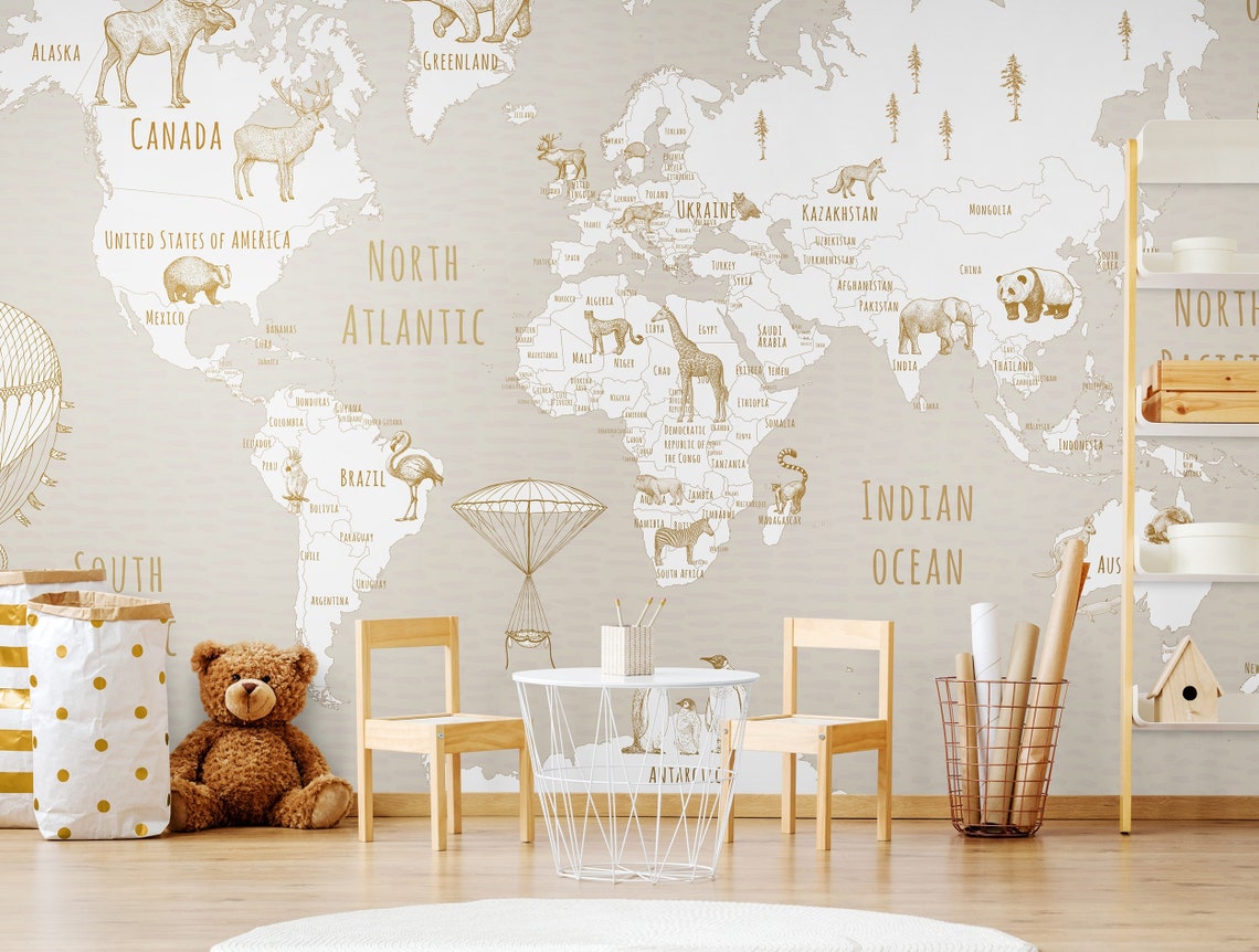 Animal World Map Kids Wallpaper Peel Stick Neutral, Unpasted Nursery ...