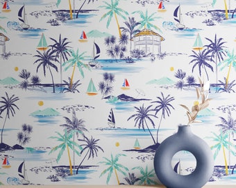 Tropische Palme Küstentapete Vinyl Peel Stick / Ungeklebte entfernbare, blaue Retro Surf-Weinlese selbstklebende Tapete Schlafzimmer Badezimmer
