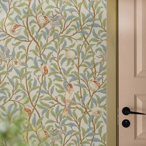 Beige botanische Tapete Peel & Stick Vinyl, William Morris entfernbare ungeklebte Vintage selbstklebende Tapete, grüne Blatt-Tapete Retro