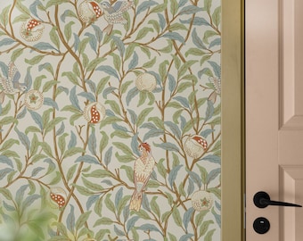 Beige botanische Tapete Peel & Stick Vinyl, William Morris entfernbare ungeklebte Vintage selbstklebende Tapete, grüne Blatt-Tapete Retro