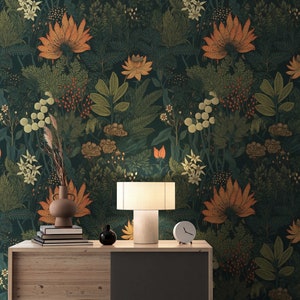 Wunderliche Wald dunkel botanische Tapete, Blattschale und Tapete entfernbares, Weinlese-selbstklebendes Vinylwand-Wandbild Wohnzimmer-Dekor Bild 5