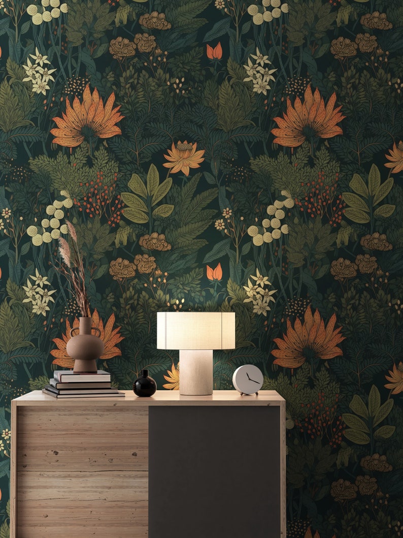 Wunderliche Wald dunkel botanische Tapete, Blattschale und Tapete entfernbares, Weinlese-selbstklebendes Vinylwand-Wandbild Wohnzimmer-Dekor Bild 5