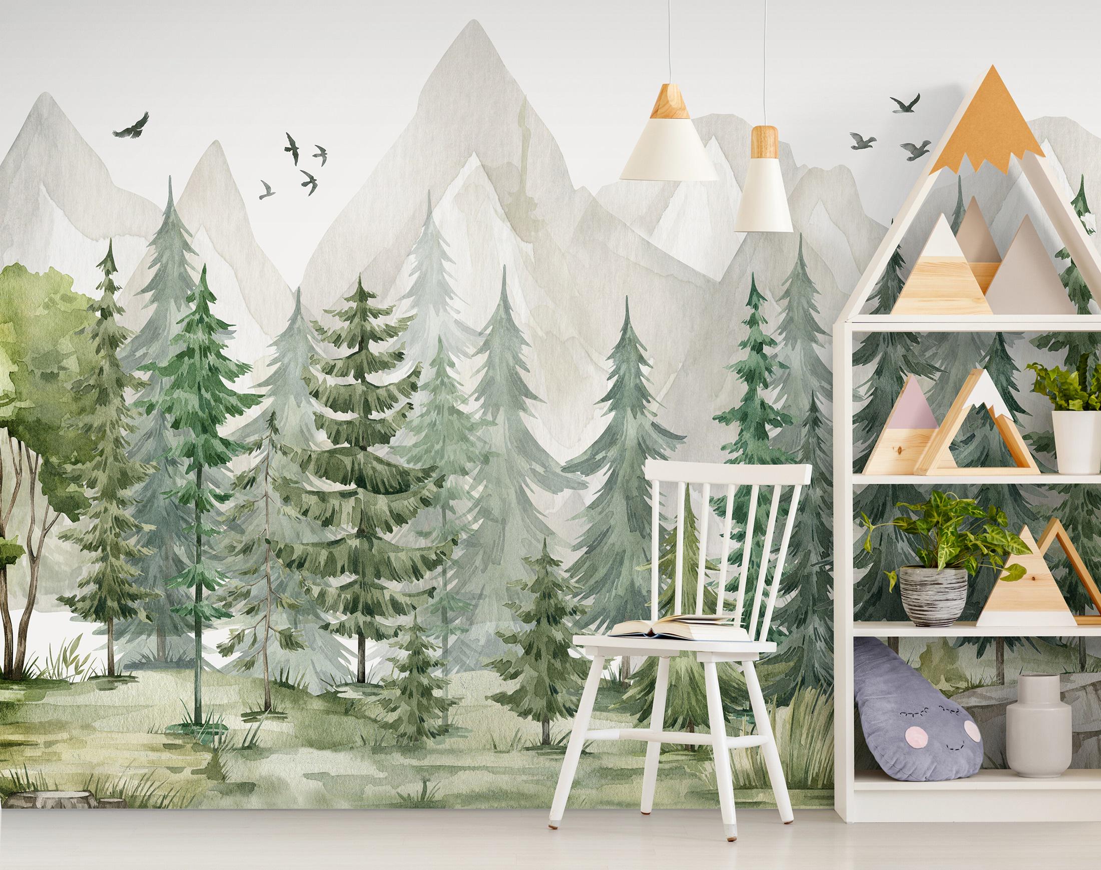 Kids Woodland Watercolor Wallpaper Nursery Peel & Stick, Pine Tree ...
