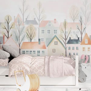 Stadt Häuser Tapete Mädchen Kinderzimmer Peel & Stick, Aquarell Pastell Kinder Tapete Spielzimmer Tapete, Abnehmbares selbstklebendes Wandbild
