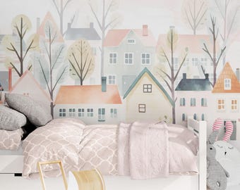 Stadshuizen behang meisjes kinderkamer Peel & Stick, aquarel pastel kinder slaapkamer speelkamer behang, verwijderbare zelfklevende stadsmuurschildering