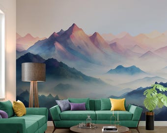 Papel tapiz de vinilo autoadhesivo con bosque de montaña brumoso, papel tapiz extraíble con paisaje rocoso para sala de estar, mural de pared con paisajes naturales.