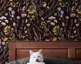 Moody Black Wildflower Wallpaper Peel & Stick, Floral Botanical Bedroom Vinyl Wallpaper, Dark Garden Flower Removable Self Adhesive Mural