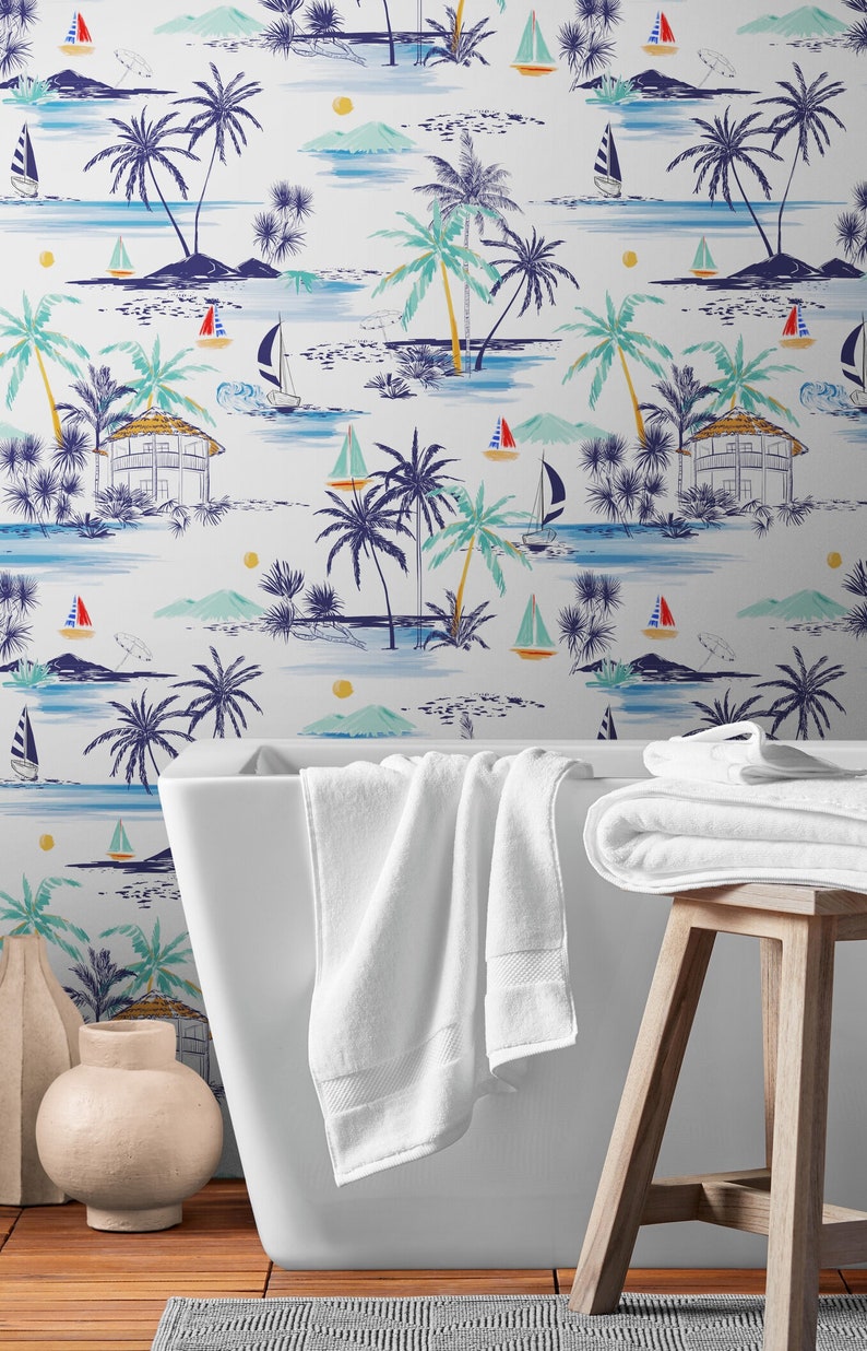 Coastal Wallpaper Vinyl Peel and Stick Removable, Retro Surf Blue Palm ...