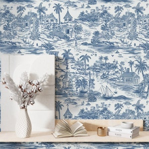 Carta da parati adesiva in vinile con motivo a palme blu del villaggio costiero, rimovibile senza colla, stile retrò surf vintage, per bagno e camera da letto