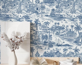 Coastal Village Blue Palm Tree Wallpaper Vinyl Peel Stick / Unpasted Removable, Retro Surf Vintage Self Adhesive Wallpaper Bathroom Bedroom