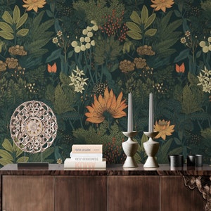 Wunderliche Wald dunkel botanische Tapete, Blattschale und Tapete entfernbares, Weinlese-selbstklebendes Vinylwand-Wandbild Wohnzimmer-Dekor