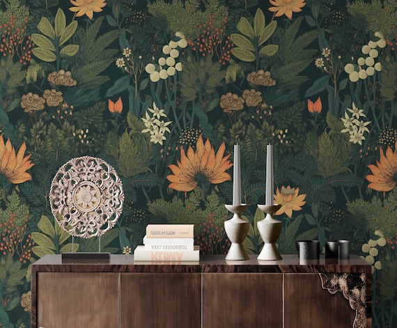 Whimsical Forest Dark Botanical Wallpaper, Leaf Peel and Stick Wallpaper Removable, Vintage Self Adhesive Vinyl Wall Mural Living Room Decor