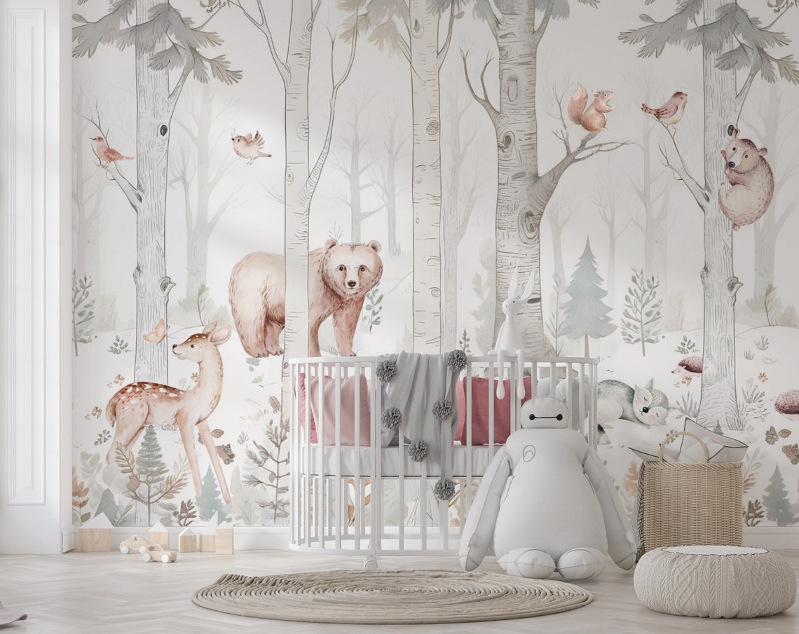 Animals Forest Wallpaper Nursery Peel Stick / Unpasted, Woodland Kids