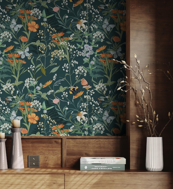 Dark Green Wildflowers Wallpaper Peel & Stick Vinyl Removable, Botanical Self Adhesive Watercolor Yellow Orange Blue Flower Bedroom Mural