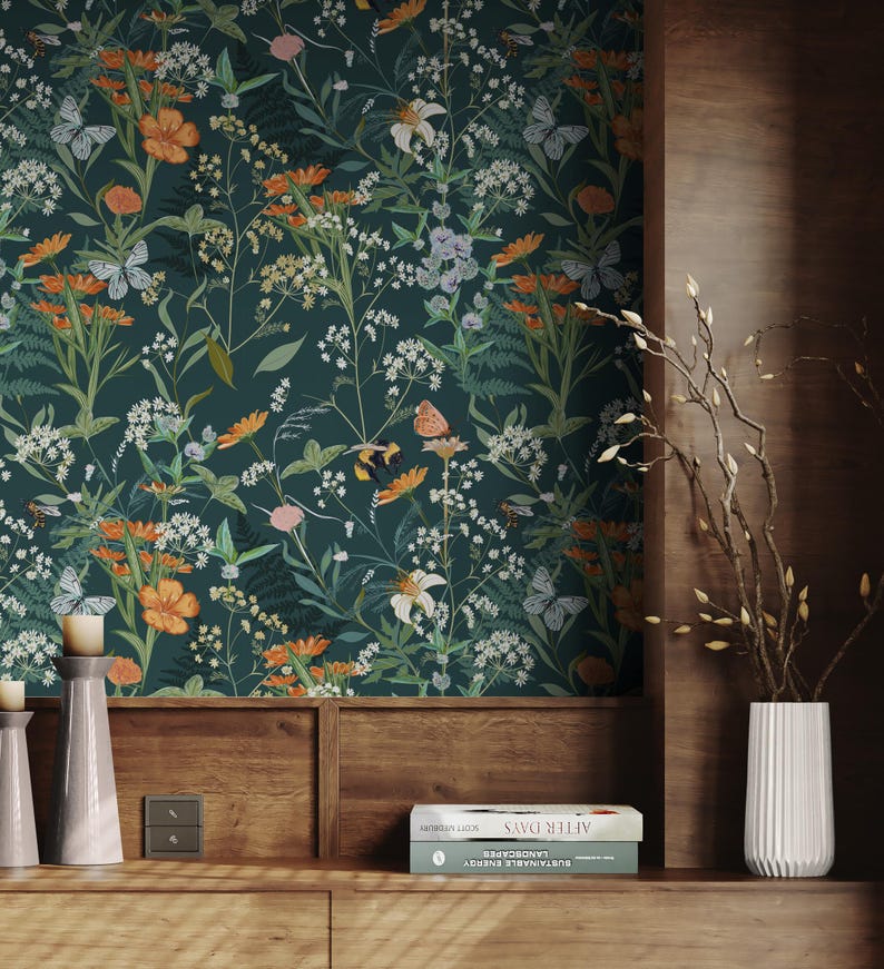 Flower Wallpaper Dark Green Bathroom