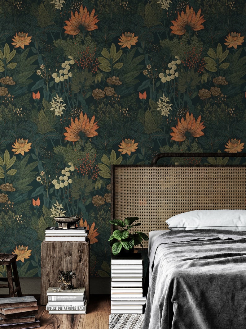 Wunderliche Wald dunkel botanische Tapete, Blattschale und Tapete entfernbares, Weinlese-selbstklebendes Vinylwand-Wandbild Wohnzimmer-Dekor Bild 4