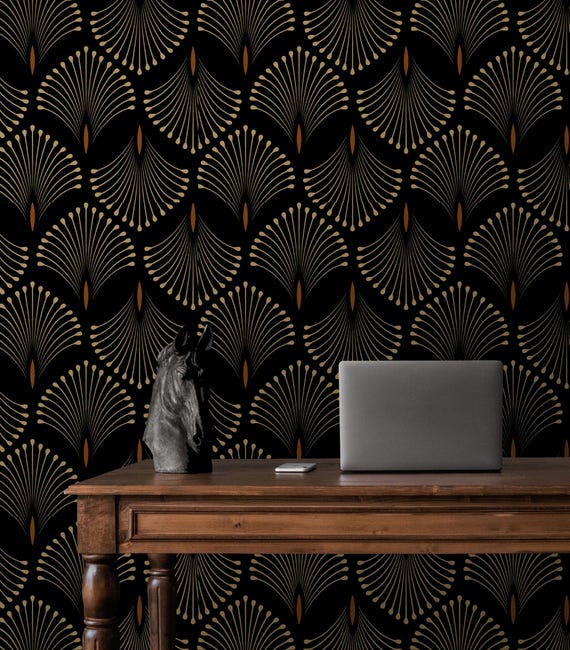 Art Deco Wallpaper Peel & Stick, Dark Modern Gold Brown Removable Vinyl, Vintage Self Adhesive Wallpaper Classic Bathroom Living Room Mural