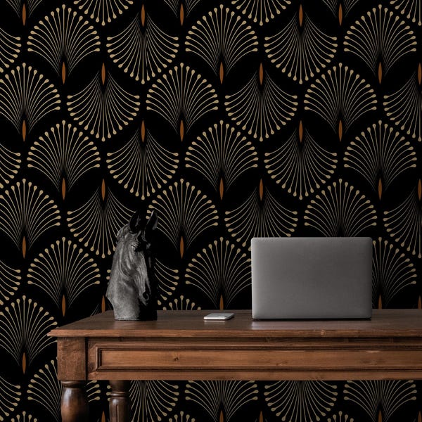 Art Deco Wallpaper Peel & Stick, Dark Modern Gold Brown Removable Vinyl, Vintage Self Adhesive Wallpaper Classic Bathroom Living Room Mural