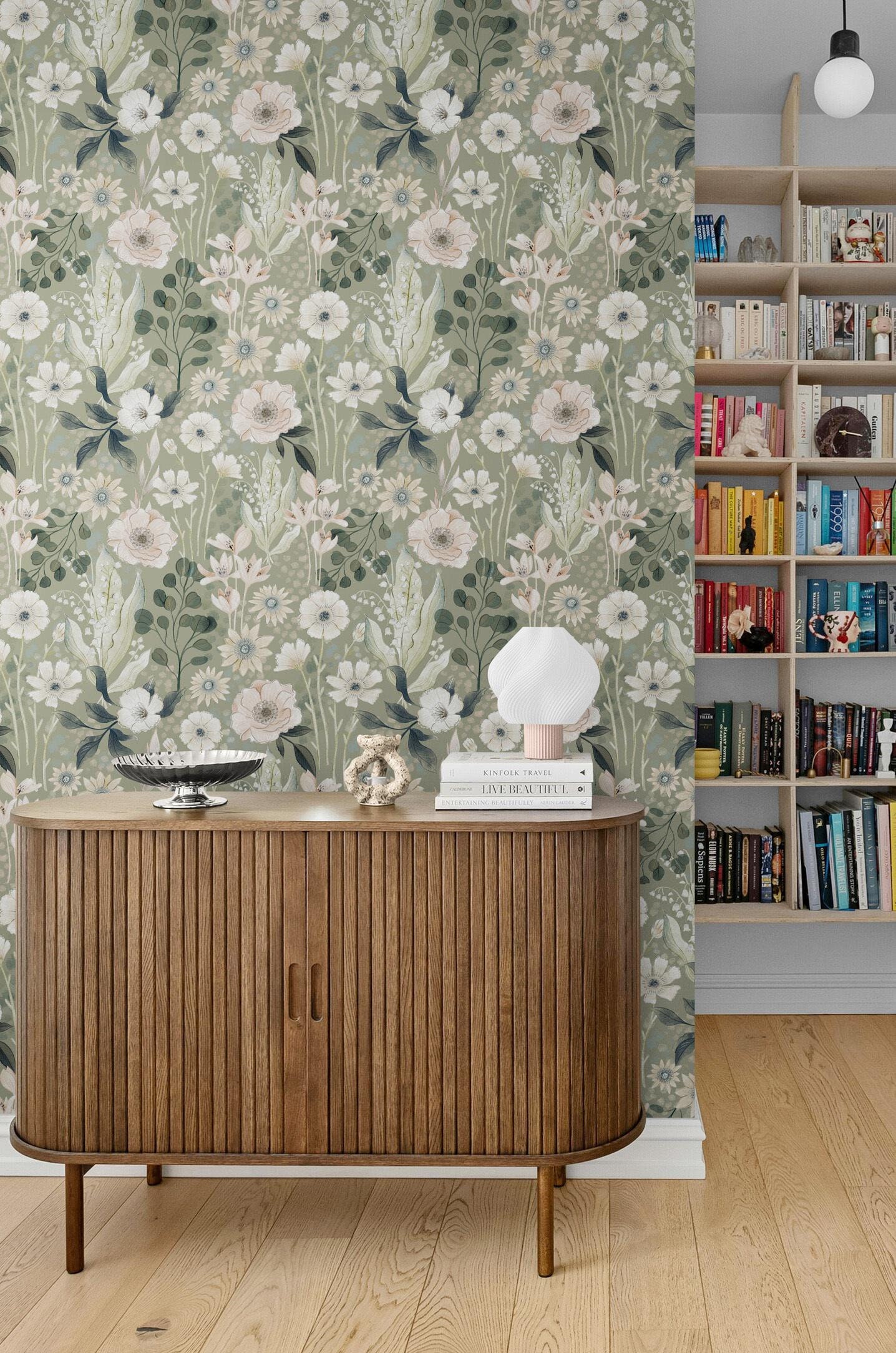Wildflower Sage Green Wallpaper Peel & Stick, Floral Botanical Wallpaper Removable for Bedroom, Self Adhesive Flowers Vinyl Art Room Decor