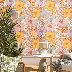 Carta da parati Hibiscus Tropic Yellow Pink Flower Peel & Stick / Non incollata, carta da parati floreale Boho per camera da letto, carta da parati in vinile autoadesiva rimovibile