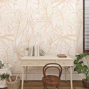 Carta da parati in vinile beige con foglie tropicali, staccabile e adesiva, rimovibile/non incollata, carta da parati autoadesiva con foglie di monstera scandinave, per camera da letto e bagno