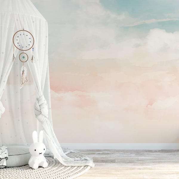 Pastellhimmel Tapete Wolken Schälen & Stick Entfernbar, Baby Mädchen Kinderzimmer Tapete, Aquarell Ombre Selbstklebende Vinyltapete Kinderzimmer Schlafzimmer
