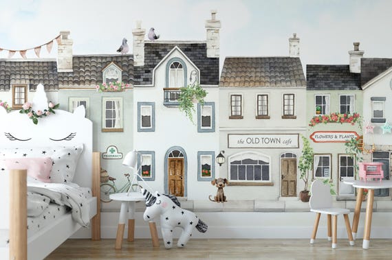 City Houses Wallpaper Kids Room Peel & Stick Vinyl, Pastel Watercolor Town Girls Bedroom, Playroom Wallpaper, Removable Self Adhesive Mural