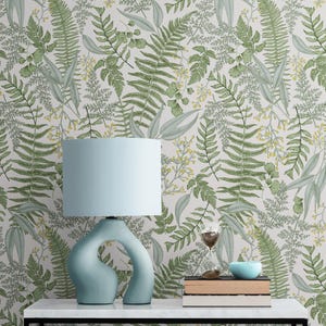 Papier peint botanique fougère verte en vinyle amovible / traditionnel feuilles forêt papier peint blanc adhésif salle de bain cuisine décoration murale