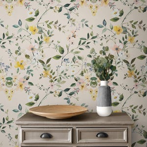 Watercolor Floral Wallpaper, Retro Botanical Peel & Stick Wallpaper Removable, Yellow Wildflower Vintage Self Adhesive Flowers Vinyl Bedroom