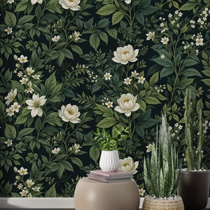 Dunkelgrüne botanische Tapete Schälen & Stick entfernbar / ungeklebt Traditionelle, weiße Blumen selbstklebende Vinyltapete Badezimmer Schlafzimmer