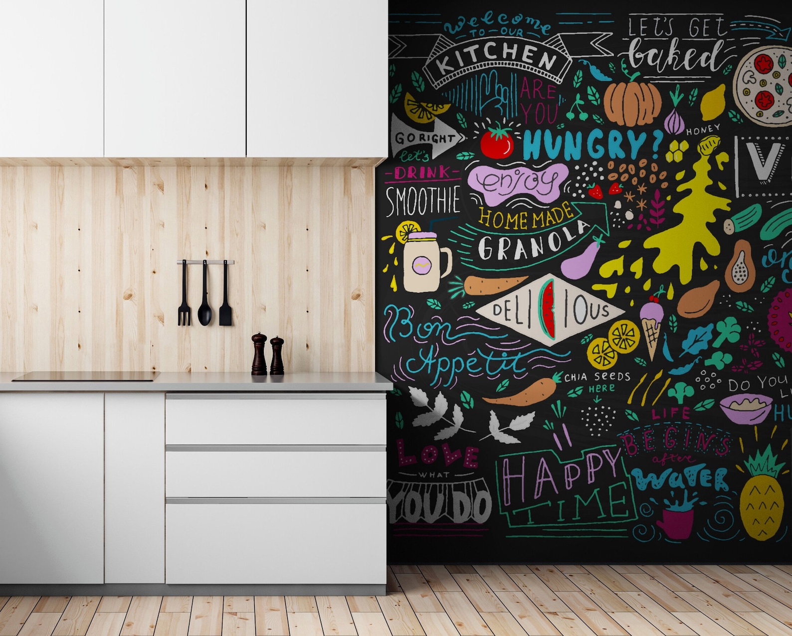 Black Kitchen Wallpaper, Vegan Food Peel & Stick Vinyl / Unpasted ...