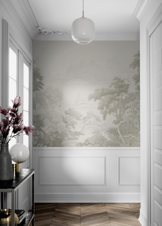 Antique Landscape Wallpaper Vinyl Peel & Stick Removable, Monochrome Grey Trees Forest Wall Mural Self Adhesive Wallpaper Bedroom Bathroom
