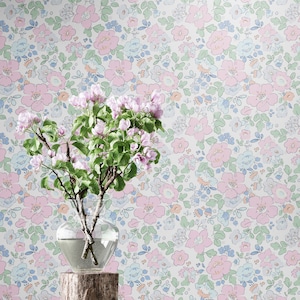 Papier peint floral rose pastel pour chambre de fille / papier peint auto-adhésif en vinyle fleuri, chambre de bébé fille, décoration murale douce