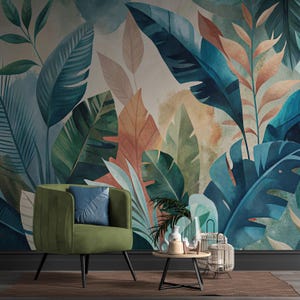Carta da parati adesiva rimovibile Tropical Art, foglie di palma retrò acquerellate, murale autoadesivo botanico Tropical Monstera per il bagno