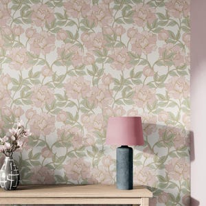 Rose Flower Peel & Stick Wallpaper Vinyl, Pastel Pink Floral Traditional Removable Vintage Self Adhesive Wallpaper for Girl Nursery Bedroom