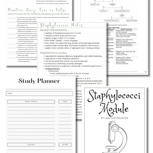 May include: A study guide for Staphylococci, a type of bacteria. The guide includes a practice quiz, compiled notes, and a study planner. The cover features a microscope illustration and the text "Staphylococci Module" by HealthScienceHub.