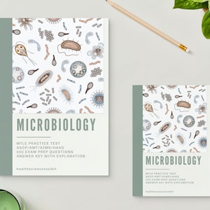 May include: Two study guides for a microbiology exam. Both guides have a green spine and a white cover with a pattern of various microbes. The text on the cover reads "MICROBIOLOGY" and includes the text "MTLE PRACTICE TEST ASCP/AMT/AIMS/HAAD 100 EXAM PREP QUESTIONS ANSWER KEY WITH EXPLANATION healthsciencetoolkit".