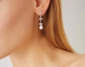 Bridal Pearl Water Droplets Earrings - Rose Gold Color Pearl Earrings - Crystal Pearl Earrings, Dangle Cubic Zirconia Earring