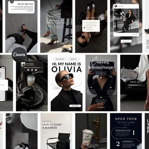 May include: A collage of social media posts in black and white, featuring text overlays and images. The posts include phrases like "Tip of the Day," "Hi, My Name is Olivia," and "How to Start a Business." The overall theme is business and lifestyle.