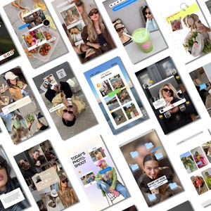 Op de afbeelding: Een digitale collage met meerdere smartphone-schermafbeeldingen die lifestyle-fotografie, interface-elementen van sociale media, fotorasters, tekstoverlays en diverse openhartige portretten van personen in vrijetijdskleding tonen.