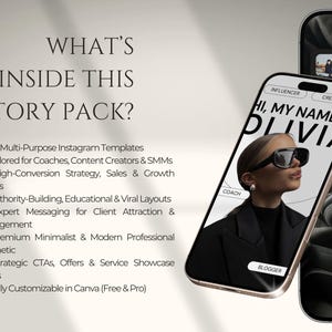 Może przedstawiać: Smartfon wyświetla szablon medi&oacute;w społecznościowych z tekstem &bdquo;HI, MY NAME IS OLIVIA&rdquo;. Obraz zawiera r&oacute;wnież tekst &bdquo;WHAT'S INSIDE THIS STORY PACK?&rdquo; oraz listę funkcji, w tym szablony Instagram i strategie sprzedaży.