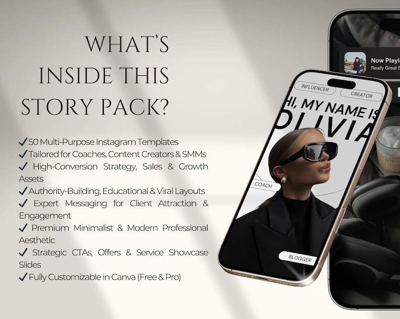 Może przedstawiać: Smartfon wyświetla szablon medi&oacute;w społecznościowych z tekstem &bdquo;HI, MY NAME IS OLIVIA&rdquo;. Obraz zawiera r&oacute;wnież tekst &bdquo;WHAT'S INSIDE THIS STORY PACK?&rdquo; oraz listę funkcji, w tym szablony Instagram i strategie sprzedaży.