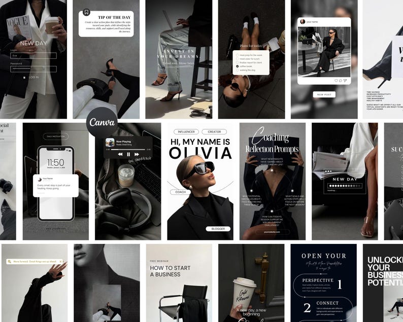 May include: A collage of social media posts in black and white, featuring text overlays and images. The posts include phrases like "Tip of the Day," "Hi, My Name is Olivia," and "How to Start a Business." The overall theme is business and lifestyle.